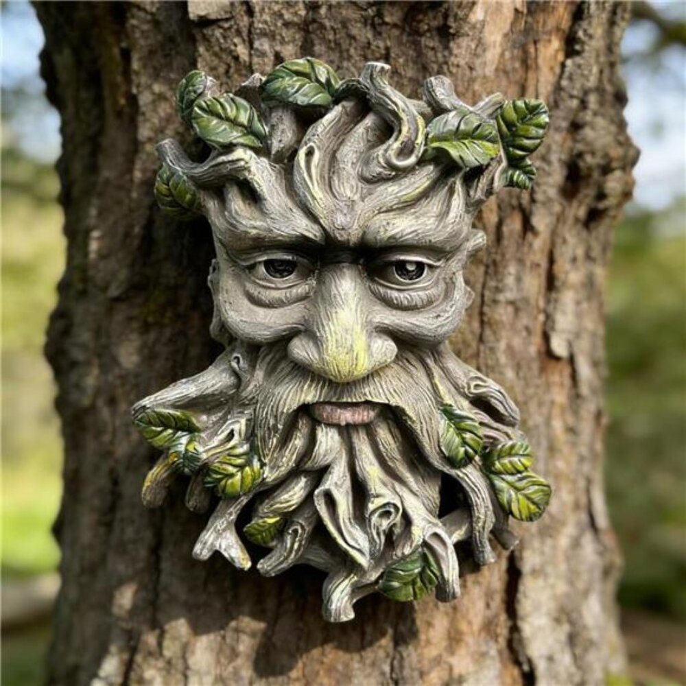 Tree Faces Decor Outdoor, Whimsical Old Man Resin Statue with Foliage Features